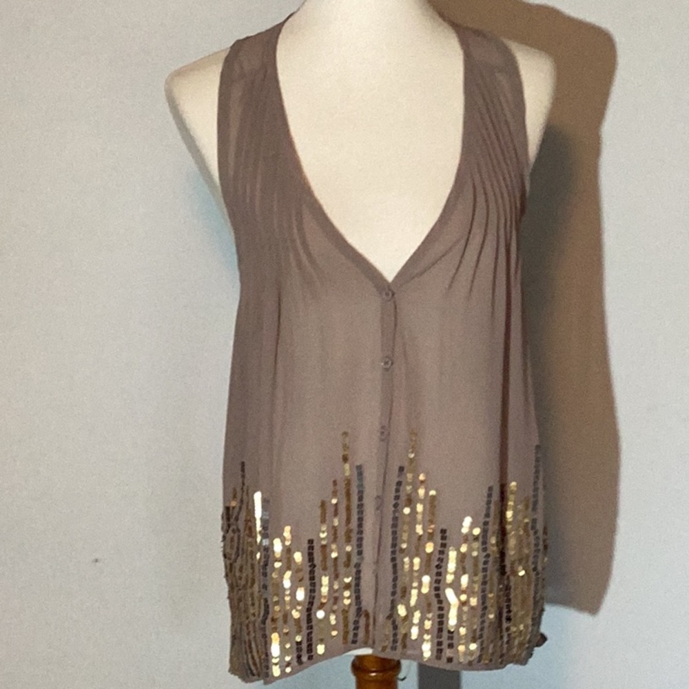 PetticoatAlley sheer racerback blouse,sequin embellished,Vneck,sheer,loose fit,S